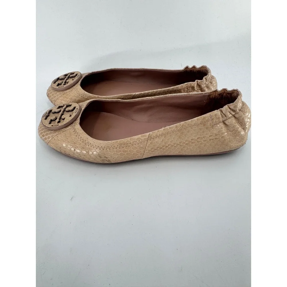 Tory Burch Minnie Travel Ballet Flats Women 6 Beige‎ Snakeskin Embossed Leather